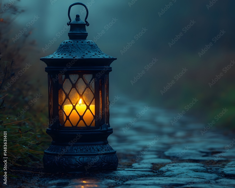 Poster glowing lantern on a cobblestone path in the misty evening