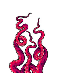 Purple octopus tentacles reaching upwards, squid-like marine animal body parts protruding from out of frame, cut for food or frame design, cartoon colour sketch anime monster illustration.  © Very Well Studio