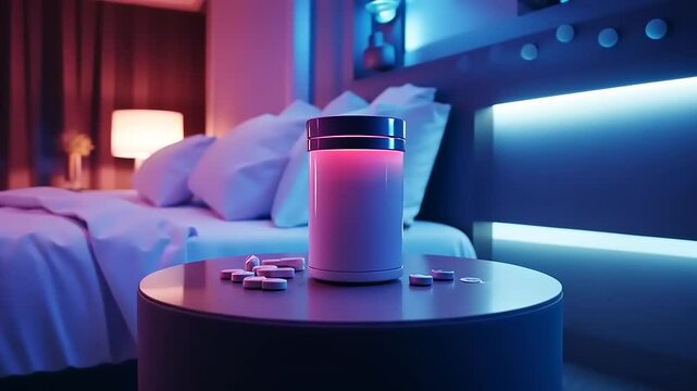 Modern bedroom with ambient lighting featuring a pill container on a bedside table