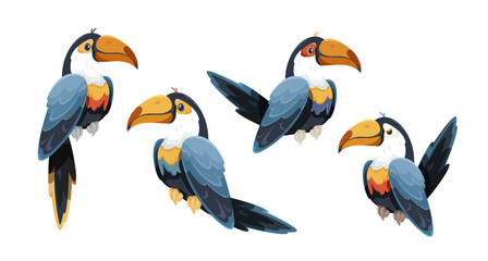 Vector set of colorful happy toucans, clipart illustrations on a white background, simple cartoon kids' style, exotic birds © ALINA KRUSS