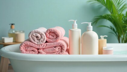 Towels, shampoos and bath products piled high on the tub , packaging, cluttered