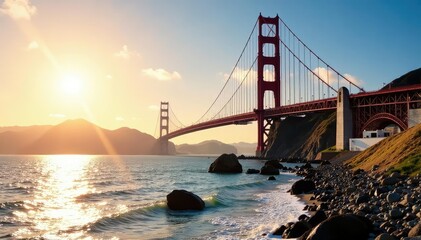 Iconic Golden Gate Bridge spanning the water, bathed in sunlight , day, vibrant, history