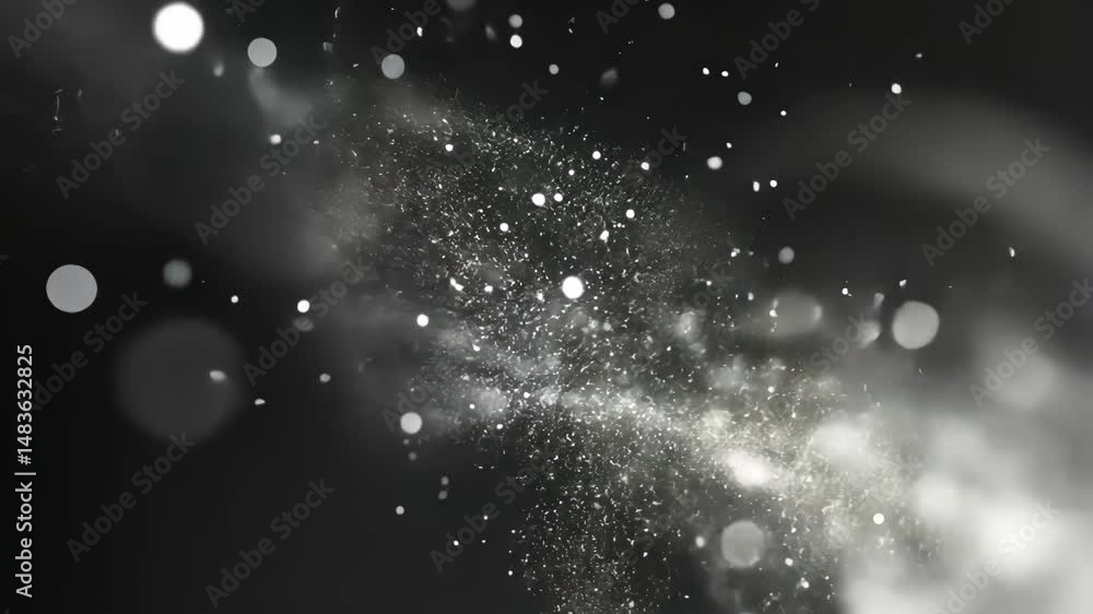 Poster abstract silvery particles floating in dark, smoky backdrop creating ethereal atmosphere