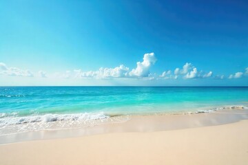 Expansive beach, fine sand under vast clear sky, horizon line merges land and sea , daytime, coastline, sunlit