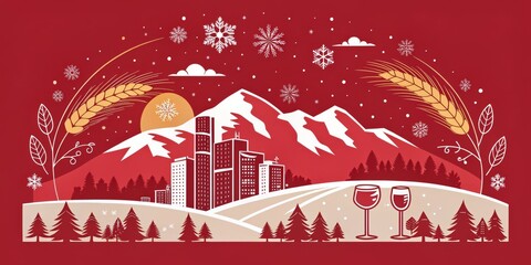 Obraz premium Winter Cityscape with Wine Glasses Flat Illustration, Red and Beige Palette, Festive Concept, Snowflakes, Mountains, City, Wheat Winter Holidays