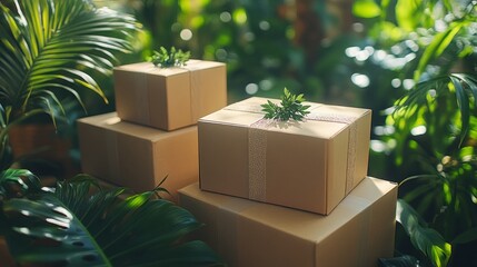 Stacked cardboard boxes with delicate ribbon in a lush garden setting