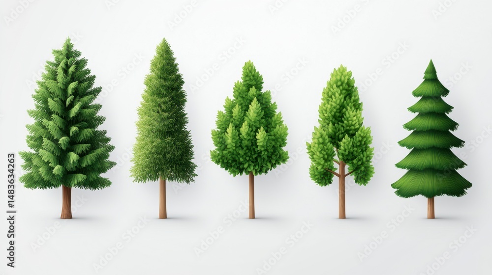 Poster collection of various green trees in different shapes and sizes for nature themes