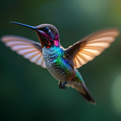 Fototapeta premium A close-up of a vibrant hummingbird mid-flight, wings blurred, with iridescent feathers catching the light