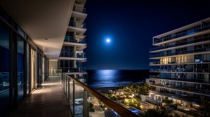 Waterfront property with a balcony captured in moonlit night, showing modern architecture, detailed textures, and clean surroundings.
