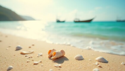 Obraz premium Seashells on Sandy Beach Shore with Ocean and Boats in Background