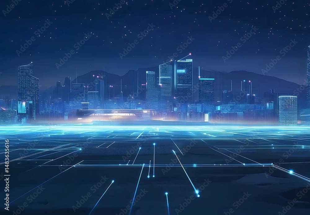 Aufkleber 抽象的な青い都市の夜景 ライトが輝く未来的な背景 テクノロジーと高層ビルが立ち並ぶ