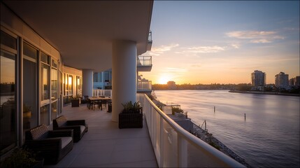 Waterfront property with a balcony captured in soft ambient lighting, showing modern architecture, detailed textures, and clean surroundings.