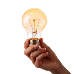 Human hand holding yellow bulb isolated on transparent background