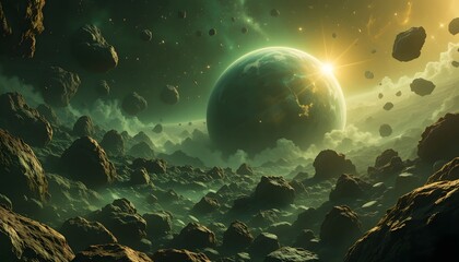 Cosmic Sphere With Luminous Asteroid Belt, Shimmering Greens And Golds. A Celestial Dance Of Light And Rock, A Breathtaking View. Space Exploration, Planetary Wonder. Imagine The Possibilities.