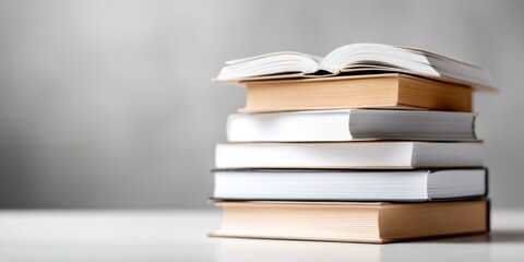Stack of Reading Material with Open Textbook on White Surface for Educational Purposes and Learning Resources