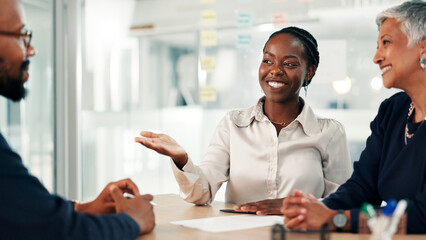 Discussion, job interview and business women with candidate in office for recruitment process. Meeting, document and acquisition specialists with applicant for resume review in hiring evaluation