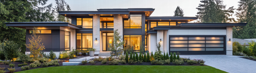 Fototapeta premium Modern Architectural Dream: A stunning modern home, a testament to contemporary design, with its clean lines, expansive windows, and sophisticated facade.