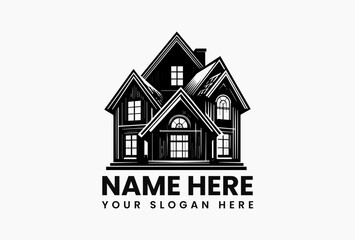 Detailed black and white vector logo illustration of a house facade with multiple windows and architectural details on a clean white background. Architecture concept