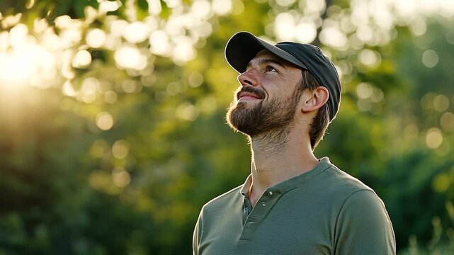 Bearded man gazing upward in contemplation outdoors under sunlight