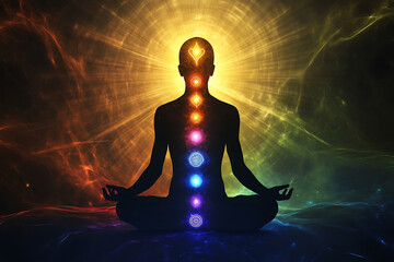 Silhouette meditating with chakra symbols and golden light aura in lotus position on a colorful background