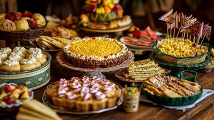 A rustic wooden table at a Festa Junina celebration, filled with classic foods like corn cake, paçoca, canjica, and cocada, with colorful flags and straw hats behind.

