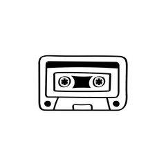 Retro cassette tape doodle for vintage audio and nostalgic music design. Old-school cassette tape icon in hand-drawn style. Perfect for 80s-90s music themes and vintage audio art