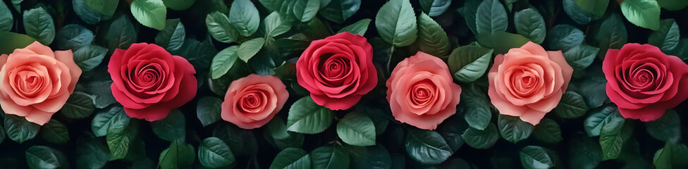 Fototapeta premium Vibrant rose bouquet with mixed green leaves, romantic countryside style, floral, l