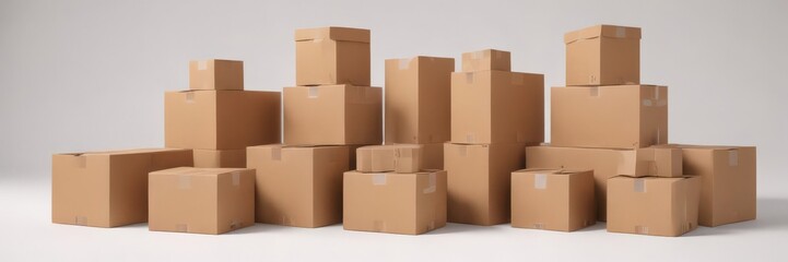 Group of various sized brown cardboard boxes against a pure white backdrop , dispose, carton