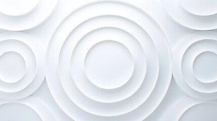 Obraz premium Concentric randomly offset white rings or circles steps fading out background wallpaper banner, close up flat lay top view from above. abstract modern minimal white background