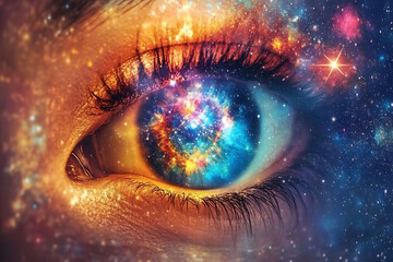 Close up of a human eye with a galaxy inside and stars around it creating a cosmic dreamy effect