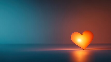 Glowing orange heart shape casts a warm light on a dark blue surface, suitable for romantic messages and cards.