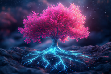 Majestic glowing tree roots with neural connections, teal and blue underground scene, minimalist pink crown, conceptual digital art