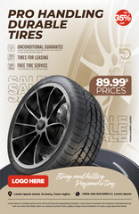 Tyres advertisement poster on light background. Web design. Promotion. 