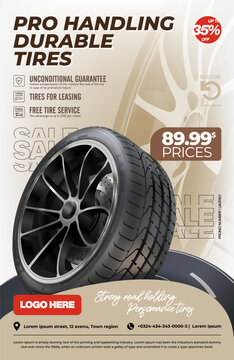 Tyres advertisement poster on light background. Web design. Promotion. 