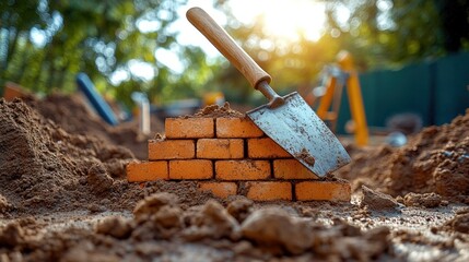 Child's construction with bricks and shovel