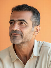 Obraz premium Thoughtful gaze: A mature man with dark features gazes thoughtfully towards the side, bathed in soft light, showcasing quiet contemplation and gentle reflection.