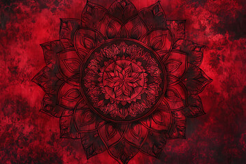 Close up of a red mandala design on a textured red background with dark accents and intricate details