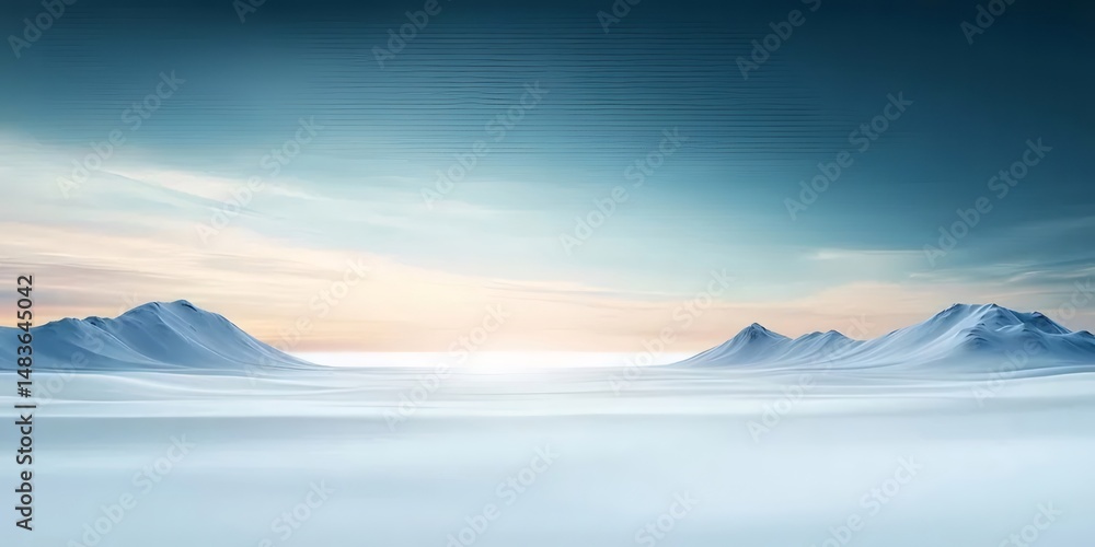 Aufkleber 氷の平原にそびえ立つ白い雪山の夕暮れ時のパノラマ風景と青い空の抽象的な背景