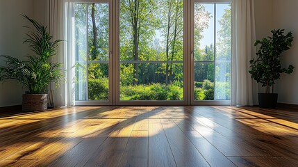 Sunlight streams through large windows onto hardwood floors, showcasing a peaceful garden view.  Spacious and bright interior