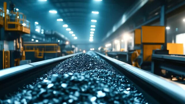 A bustling industrial facility with a long conveyor belt carrying piles of scrap metal, surrounded by large machines and overhead lighting, highlighting the process of recycling an