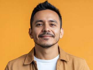 Obraz premium Portrait of a man on yellow background: a close-up shot of a handsome, middle-aged man with a subtle smile against a warm yellow backdrop.