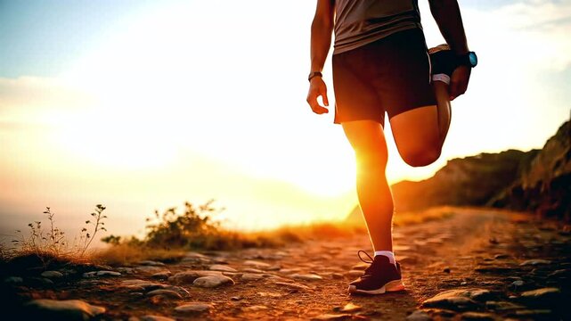 Athlete stretching leg before outdoor run on scenic mountain trail at sunrise, healthy fitness routine and active lifestyle in nature, warm-up exercise in golden hour light