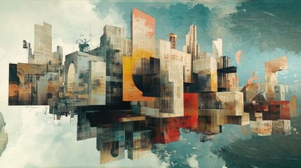 Abstract cityscape appears suspended in sky, formed by mirrored clusters of modern high-rises and geometric structures, partially fragmented into digital blocks. Generative by AI