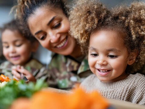Smiling African American Military Mom with Her Toddler Daughters Sharing a Meal, Promoting Family Togetherness