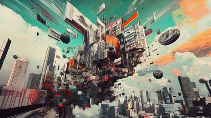 Exploding cluster of geometric skyscrapers, floating structures, and dark spheres fills the sky over a modern cityscape with a turquoise-orange sky. High-tech and surreal. Generative by AI