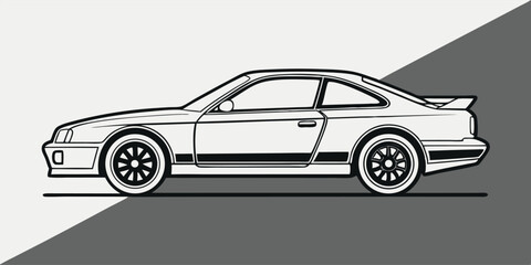 Black and white car silhouette design with sporty wheels on transparent background