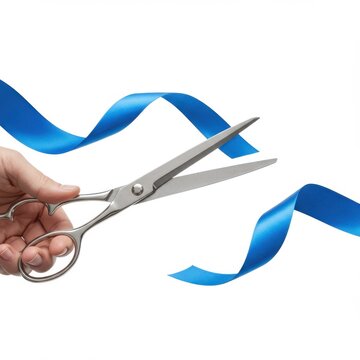 Hand cutting blue ribbon with scissors isolated on white background. use cases: grand opening, celebration.