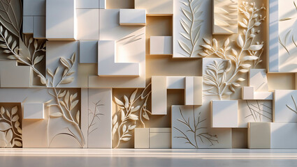 Beige 3D Abstract Wall with Cubes and Leaf Accents