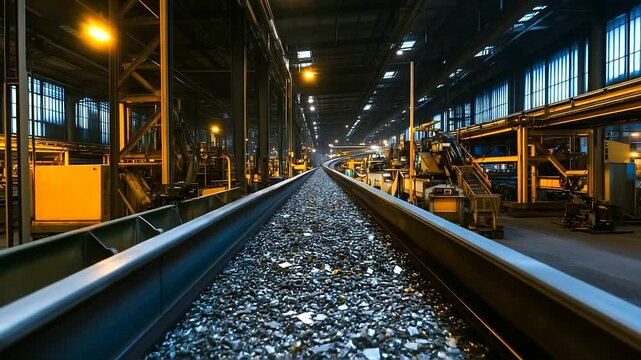 A panoramic view of a scrap metal recycling plant, with a conveyor belt carrying metal sheets, wires, and scraps through automated machinery, symbolizing efficiency in waste proces