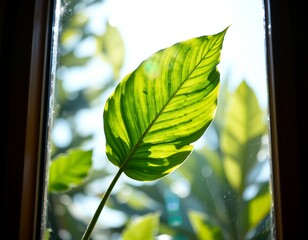 a close up view of a green plant leaf with veins, positioned in front of a window frame that allows sunlight to filter through